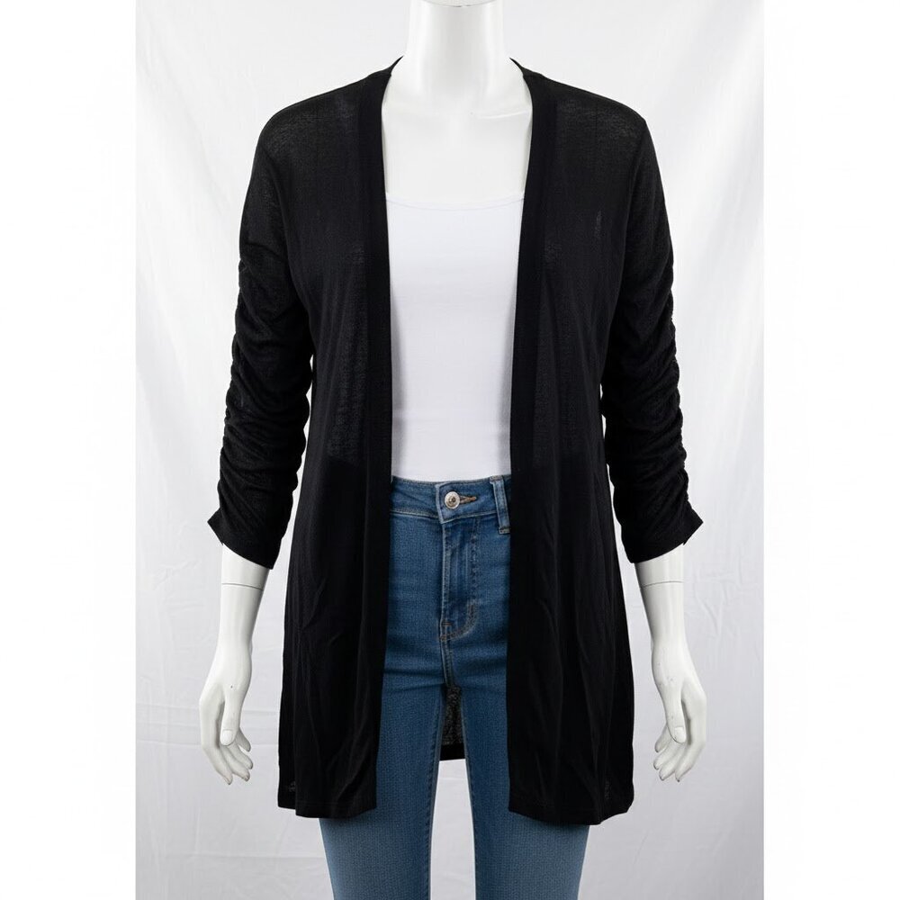 Chico's Black Ruched 3/4 Sleeve Open Front Duster Cardigan Size 3 L/XL